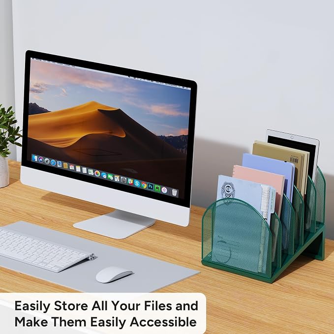 5-Section Desk File Organizer | Metal Mesh Folder Organizer for Documents, Mail & Office Papers (Green)