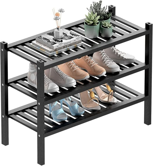 ROMGUAR CRAFT 3 Tier (Thick) Bamboo Shoe Rack for Entryway, Small Wood Shoe Shelf Storage Organizer for Closet, Shoe Stand for Hallway, Stackable and Sturdy 27"x12"x21" Black