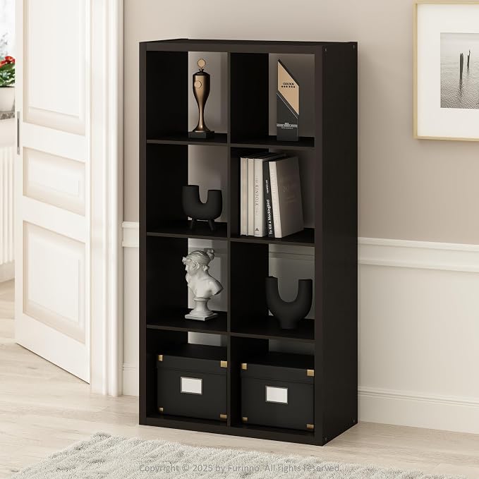 Furinno Simple 8-Cube Storage Organizer, Display Shelf, Dark Oak | Extra Thick Frame, Open Back Shelving Unit, Storage Shelves, for Organization and Storage, Living Room, Home Office