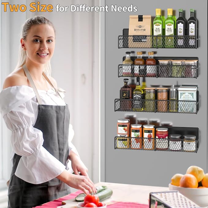 DTUQYX Magnetic Spice Rack for Refrigerator, 4 Pack 100% Metal Strong Magnet Fridge Shelves, Space Saving Spice Organizer, No Drilling Moveable Home Kitchen Laundry Room Storage Organization, Black