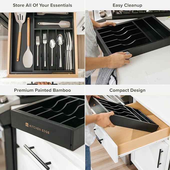 KitchenEdge Silverware & Utensil Drawer Organizer, 10.5-19 in, Black Bamboo | Cutlery, flatware, food-safe contract grade, kitchen drawer fit