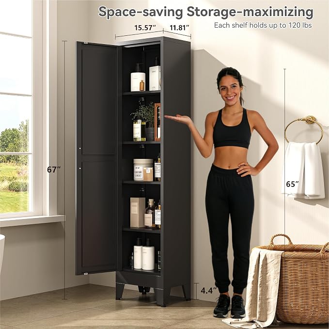 67" Tall Narrow Storage Cabinet with Reversible Doors and Adjustable Shelves,11.8" Deep By 15.7" Wide Metal Slim Cabinet for Bathroom Kitchen Garage Small Spaces,Black,1 Pc