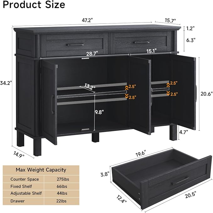 48 Inches Buffet Cabinet with Storage, Farmhouse Sideboard Buffet w/2 Drawers and 3 Doors, Wood Coffee Bar Cabinet with Adjustable Shelves, Sideboard Storage for Kitchen, Living Room, Black
