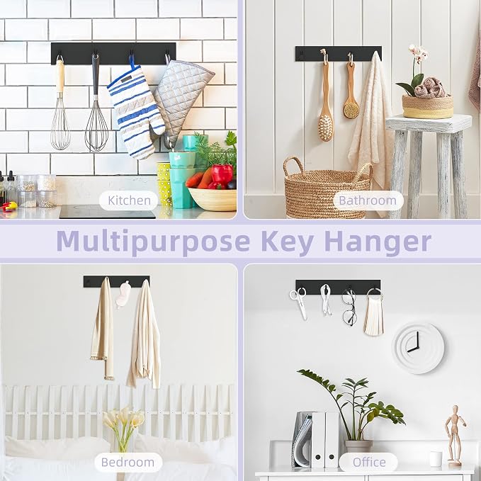 VIS'V Key Holder Wall Mount, Large Adhesive Key Hanger with 4 Hooks, Black | Metal Material, No Drilling, Extra Adhesive Strip, Suitable for Entryway, Hallway, Doorway, Kitchen, Garage, Camper
