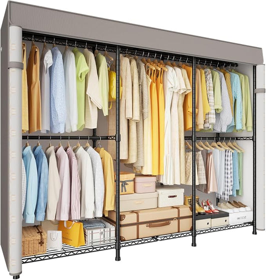 E14C Pro Heavy Duty Closet Organizer System (Brand Custom) | Freestanding Adjustable Garment Racks for Hanging Clothes，69"W × 16"D × 77"H Max 960lbs，Black Rack with Classic Pattern Cover