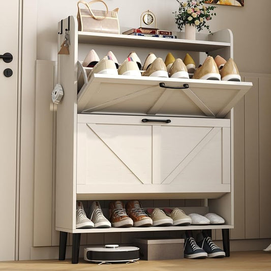 HOMEFORT Shoe Storage Cabinet for Entryway, Slim Shoe Organizer with Two Flip Drawers, Narrow Shoe Holder with Wood Legs, Farmhouse Hidden Shoe Cabinet for Front Door Entrance,Antique White