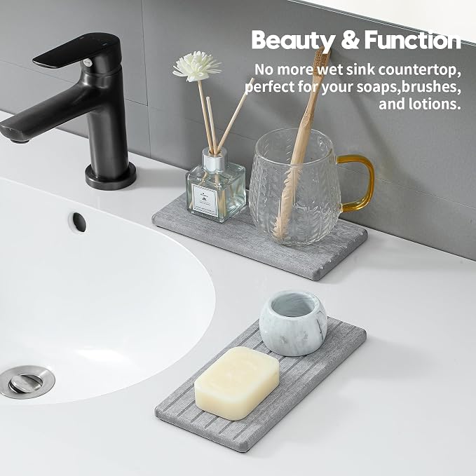 2PCS Instant Dry Diatomite Stone Counter Makeup Tray Organizer, Fast Drying Caddy Kitchen Sponge Holder Mat, Bathroom Vanity Toothbrush Bottle Dispenser Soap Dish Rack, Light Gray, 8"x 3.8"
