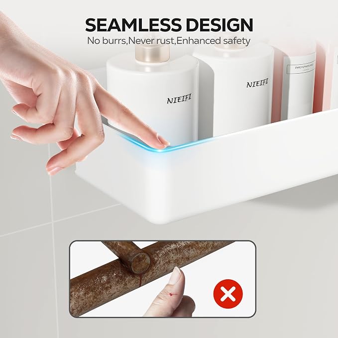 Nieifi Adhesive Shower Shelves, White, 3 Pieces | Rustproof ABS, Large Capacity, Removable Design, Easy-Clean, No Drilling Shower Organizer for Bathroom Storage & Home Decor