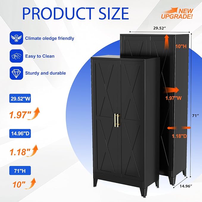 GAIOUS 71" Tall Kitchen Pantry Cabinet,Metal Storage Cabinet Black Cupboard | Steel Office Cabinet, Freestanding Bookcase with 2 Doors and 4 Adjustable Shelves, Bathroom Kitchen Home Garage Tool Cabinet
