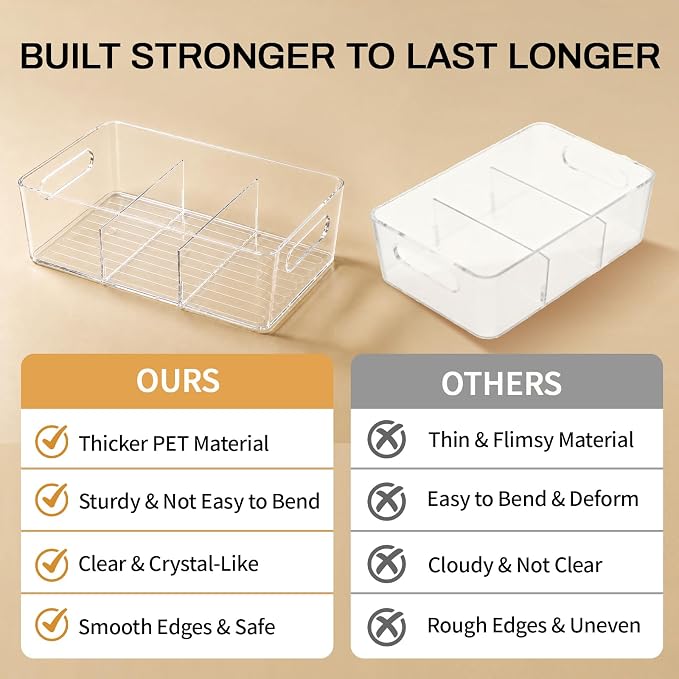 Mpotmiy 6 Pack Pantry Organizers and Storage,Clear Plastic Containers with 2 Dividers for Kitchen,Fridge Organization and Storage,Acrylic Bins for Pounches,Spice Packet,Snack organzier