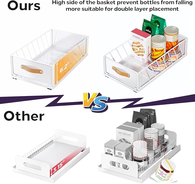 Pull out Cabinet Organizer,Heavy Duty Slide out Pantry Shelves Drawer Storage with Adhesive Nano Film,Sliding Mesh Cabinet Basket with Handle for Kitchen, Bathroom, Home, 15.8"W X 21"D X 6.2"H,White