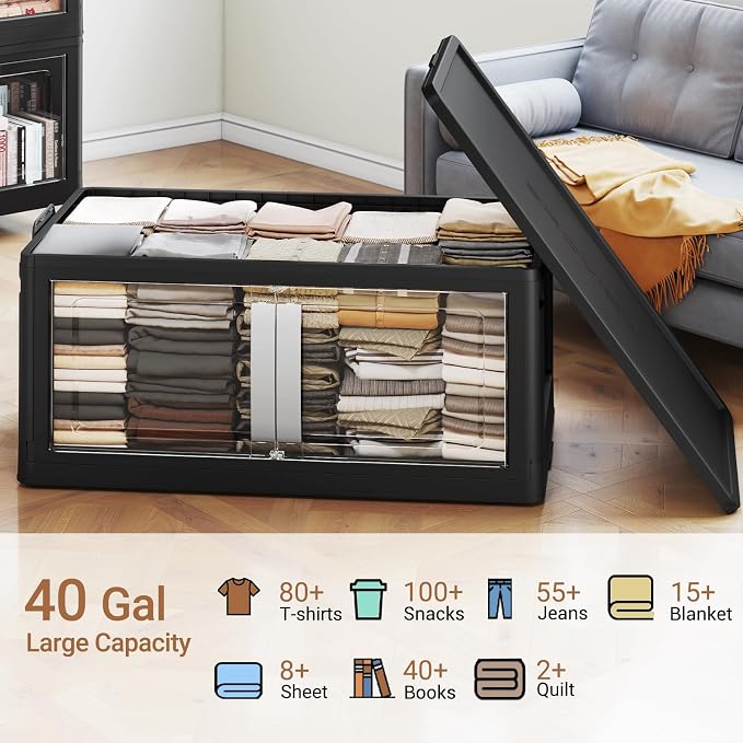 BROVIEW 160QT Stackable Storage Bins with Lids, 40Gal Extra Large Collapsible Storage Box with Wheel, Plastic Storages with Clear Door Open Front for Home Kitchen Garage, Black-1pack