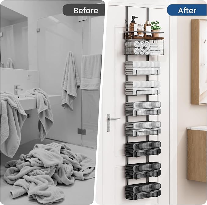 Aetyord Towel Racks for Bathroom Over The Door Towel Racks Towel Storage Organizer with Metal Shelf Basket for Bathroom Rv Camper (9-Tier Black with Brown Plank)