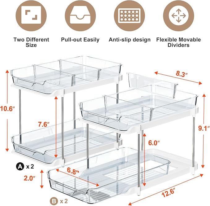 Delamu 2-Tier Multi-Purpose Bathroom Under Sink Organizers and Storage, Stackable Kitchen Pantry Organization, Pull Out Medicine Cabinet Organizer with Movable Dividers, Blue, 4 Pack
