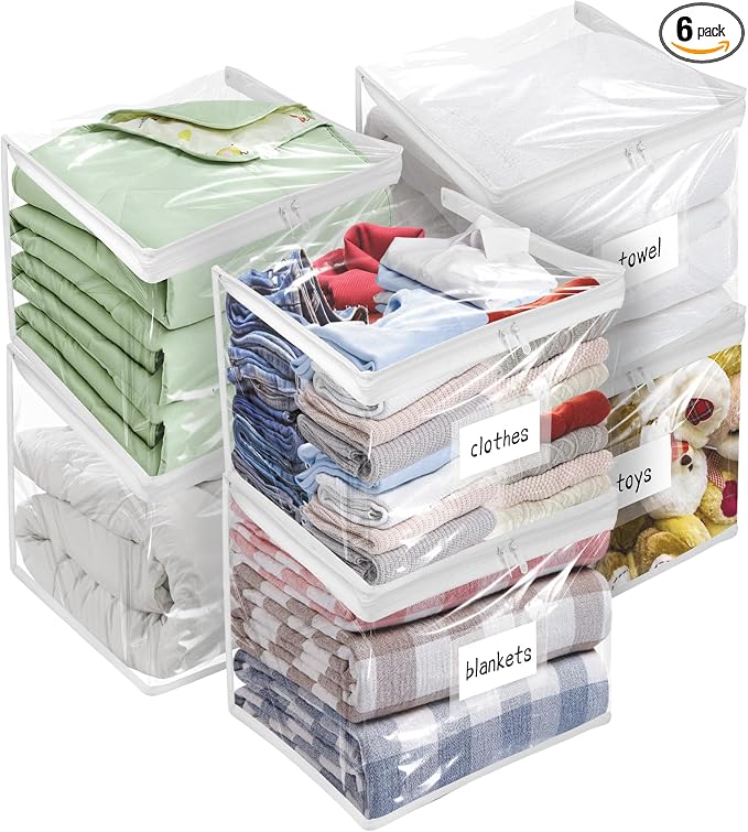 Kikerike Plastic Storage Bags with Easy-Glide Zipper, Pack of 6, Durable Clear Vinyl Zippered Storage Bags for Clothes Sweaters Comforters Blankets Sheets Bedding (12 x 12 x 12 Inch, White)