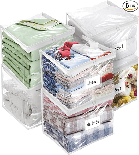 Kikerike Plastic Storage Bags with Easy-Glide Zipper, Pack of 6, Durable Clear Vinyl Zippered Storage Bags for Clothes Sweaters Comforters Blankets Sheets Bedding (12 x 12 x 12 Inch, White)