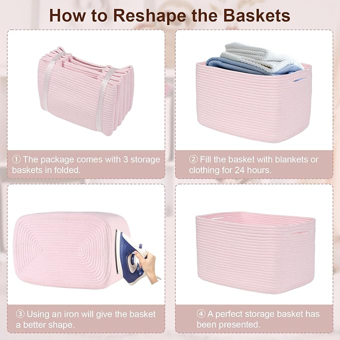 Baskets for Organizing,Storage Baskets,3 Pack Baskets for Shelfves,15"×10"×9" Woven Pink Basket,toy storage bins,bins for organization