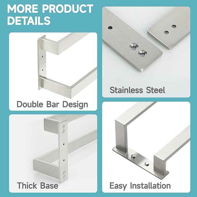 Alise Double Towel Bar, 20" Double Towel Racks for Bathroom, Brushed Nickel | SUS304 Stainless Steel Bathroom Towel Rack Wall Mounted, 3.54" Wide Towel Holder Quick Drying, Ladder Design