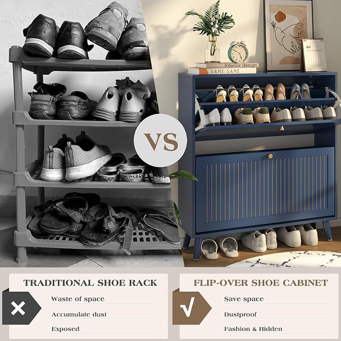 Fsbecl Shoe Storage Cabinet for Entryway with 2 Flip Drawers, Narrow Wood Shoe Cabinet with Fluted Panel, Freestanding Hidden Shoe Organizer for Hallway
