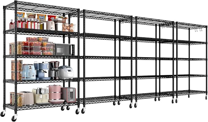 PrimeZone Wire Shelving with Wheels, 5-Tier NSF Adjustable Storage Shelves | 36"W x 16"D x 79"H Metal Shelf, Adjustable Organizer, 4 Hooks, Heavy Duty 1250 LBS Capacity for Kitchen, Pantry, 4 PCS