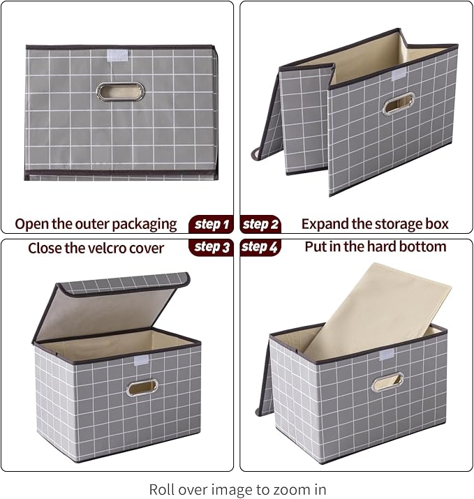 STOREONE Fabric Storage Cube Bins Foldable Organizer Container Collapsible Basket with Lids and Metal Handles, for Home, Bedroom, Closet 3 Pcs (Grey grid)