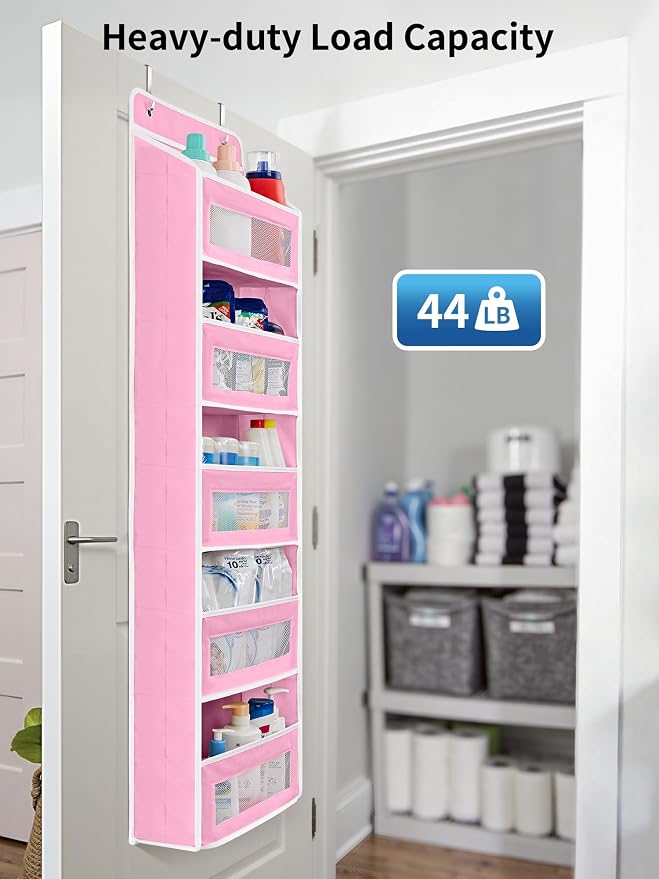 JARLINK Over the Door Organizer for Bedroom, Pantry, Bathroom, 5 Shelf Pink | Anti-Tilt Design, 44 lb Load Capacity, Hanging Door Organizer with 5 Large Capacity Pockets, Behind Door Storage for Nursery