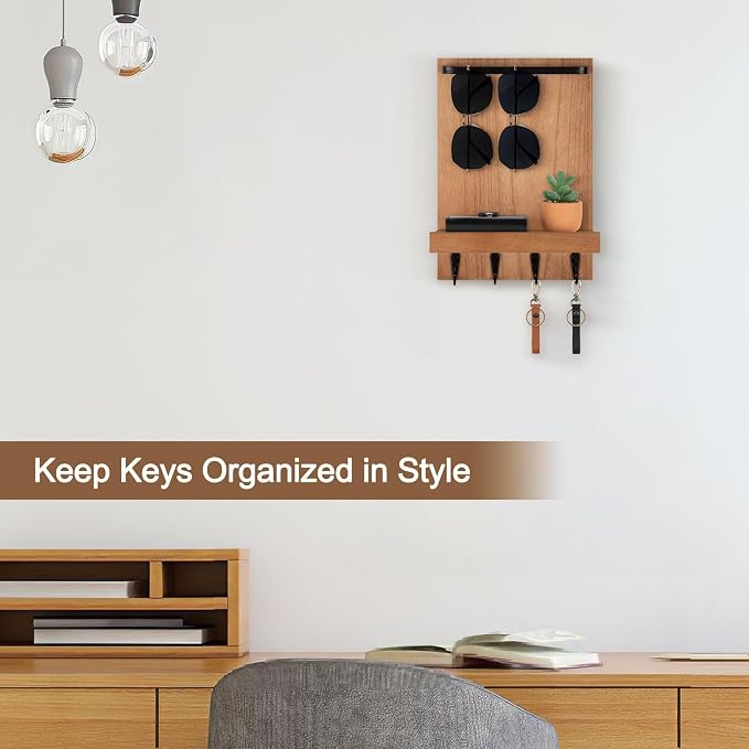 Key Holder Wall Mount, Key Holder for Wall with 4 Hooks, Farmhouse Key Hanger Holds Dog Leash, Sunglasses – Decorative Mail Organizer Home Decor (Wood)