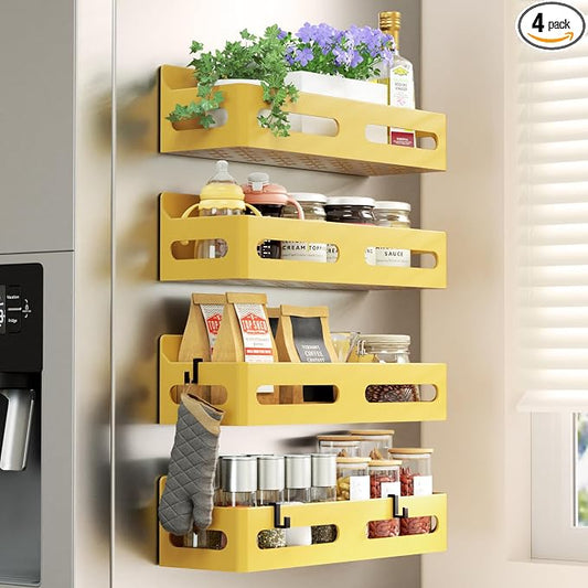 Sevenblue 4-Pack Magnetic Spice Rack for Refrigerator with Hooks, Yellow | Strong multipurpose magnetic shelf for kitchen & bathroom organization. Includes 4 removable hooks for hanging items.