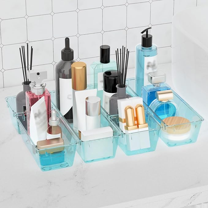 WOWBOX 6 Pack Clear Drawer Organizer Set, Acrylic Drawer Storage Trays, Storage Bins for Makeup, Cosmetics, Jewelries, Utensils, Gadgets, Office, Sea Blue