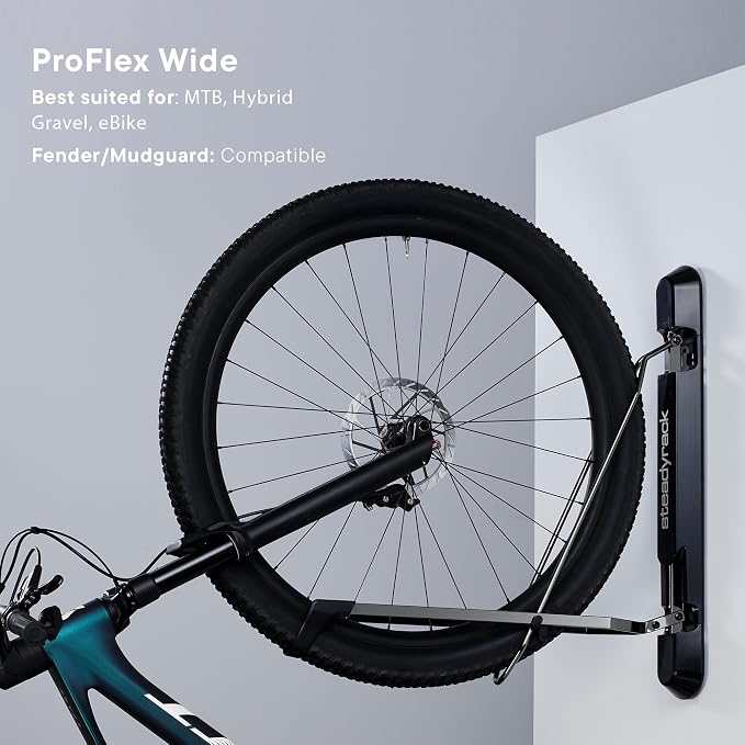 Steadyrack Swivel Bike Rack Wall Mount, Vertical Storage for Heavy eMTB | ProFlex Wide holds rugged eMTB and mountain bikes to 121 lb. Roll-in, roll-out, includes GearMate SteadySpine.
