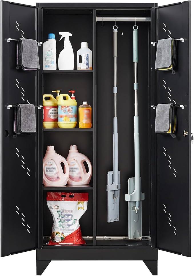 71" Metal Storage Cabinet with Lock, Stainless Steel Bottom, Black | Garage Storage Cabinets with Hanging Rod & S-Hooks, Utility Broom Closet for Laundry Room, Home Office