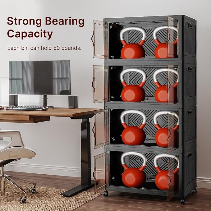 UAMFURI Stackable Storage Bins with Lids, 480QT Lockable Storage Cabinet | Folding Storage Box with Doors and Wheels, Collapsible Plastic Drawers for Home, Garage, Office
