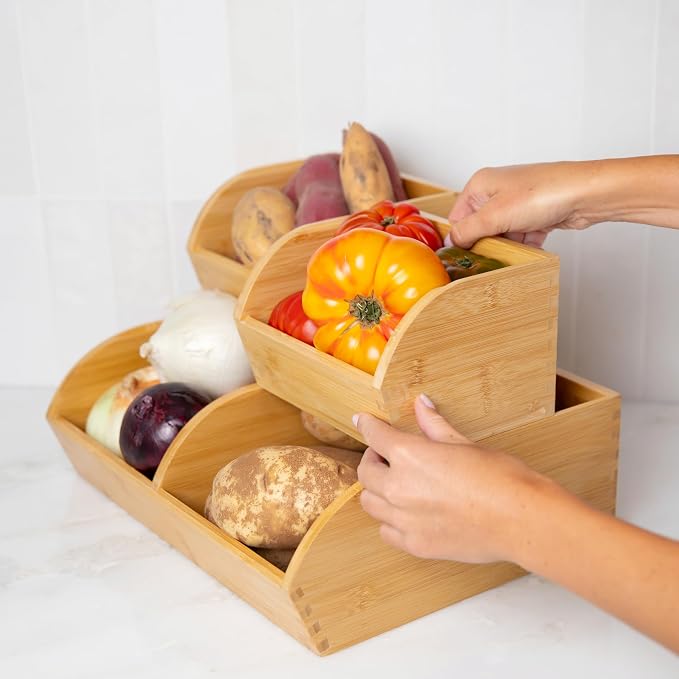 Potato and Onion Storage Bin for Pantry and Kitchen Counter - Ventilated Stackable Bamboo Organizer Baskets with Handles