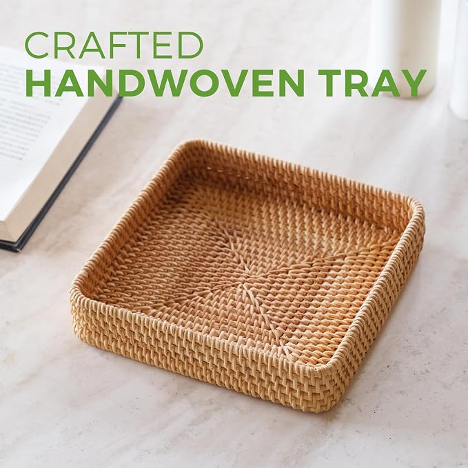 Rattan Serving Tray, Square Wicker Storage Basket for Organizing | Natural Rattan, Decorative Serving Woven Trays Wicker Baskets for Storage, Home Decor, Bathroom, Kitchen Counter