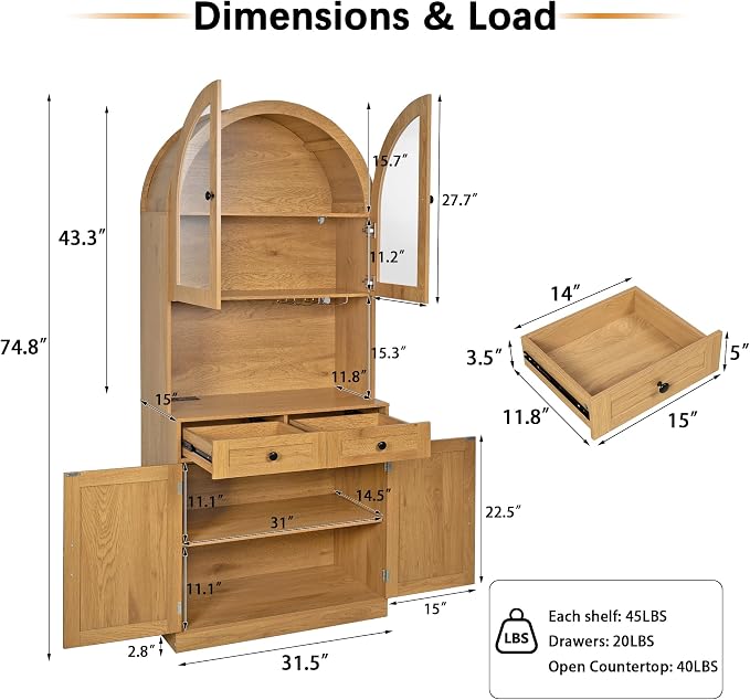 Merax 75" Tall Bookcase,Arched Pantry Cabinet with Adjustable Shelves | Farmhouse Bookshelf Coffee Bar with Charging Station Open Countertop for Office,Kitchen,Dining Room,Living Room,Oak