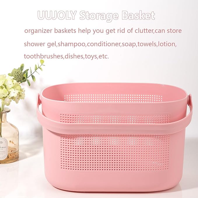 Plastic Portable Shower Caddy Basket, Storage Organizer with Handle, Pink | Bottom Drain Holes, Keep Dry, Sturdy and Durable, Easy to Carry for Bathroom, Kitchen, Dorm Room, RV, College