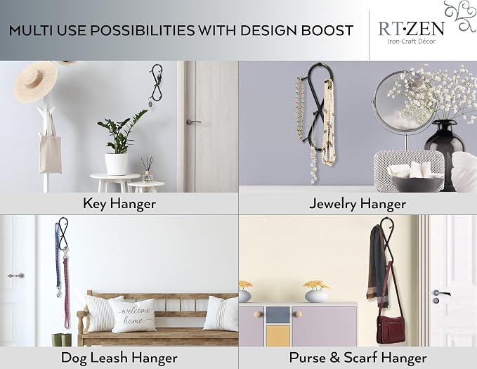 RTZEN Farmhouse Small Key Holder for Wall, Wrought Iron Wall Mount Rack | Handcrafted Swirl Decorative, 5 Key Hooks for Home Entryway, Purse, Coat and Leash Holder or Organizer (Infinity Black)