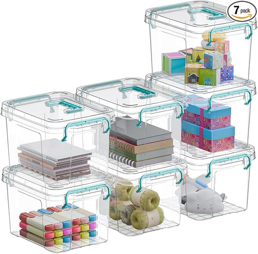 Covetree 7 Pack Small Storage Bins Plastic Storage Container Stackable Box with Lids,with Handle Clear Plastic Container for Suitable for storing snacks, tools, cosmetics, toys