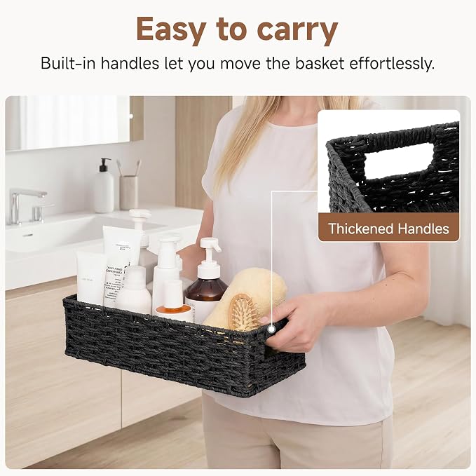 StorageWorks Toilet Basket Tank Topper, Bathroom Basket Organizer, Black | Paper Rope Toilet Paper Baskets for Back of Tank, Small Wicker Basket with Built-in Handles for Rustic Bathroom Decor