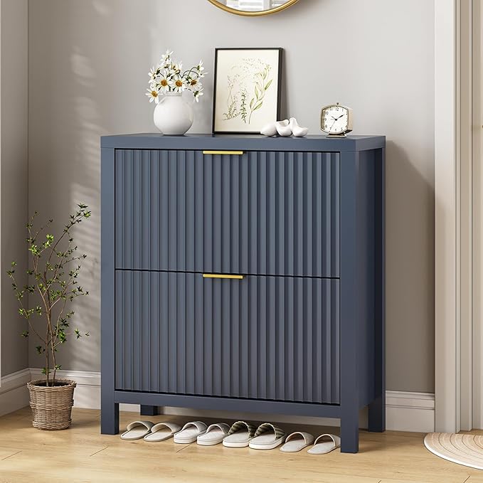 Fluted Shoe Cabinet Storage with 2 Flip Drawers for Entryway, Hallway | Narrow Shoe Rack Freestanding Shoe Organizer with Legs for Entryway，Hallway, Blue