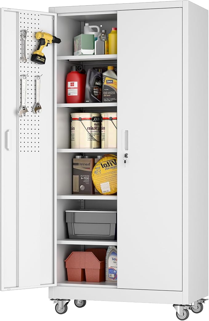 Aobabo 71" White Metal Storage Cabinet with Wheels and Pegboard | 16"D x 32"W x 71"H steel cabinet; lockable doors, 5 adjustable shelves, and wheels for garage, office, pantry.