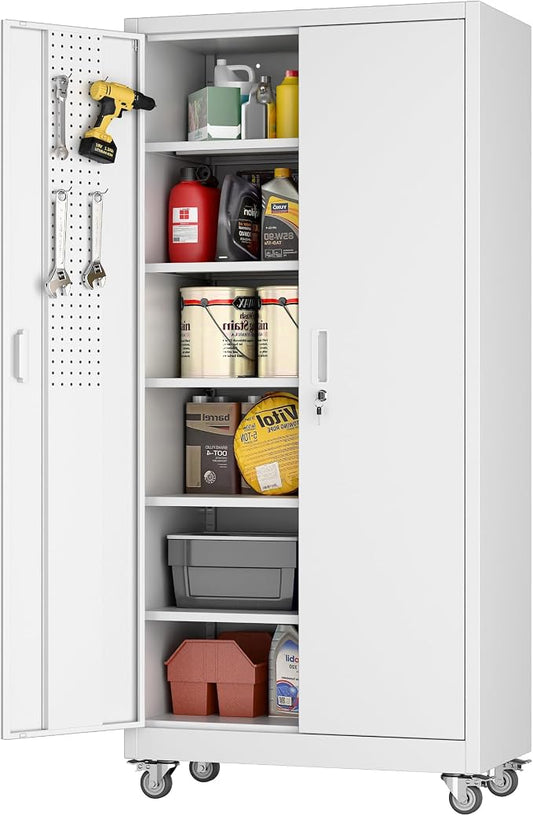 Aobabo 71" White Metal Storage Cabinet with Wheels and Pegboard | 16"D x 32"W x 71"H steel cabinet; lockable doors, 5 adjustable shelves, and wheels for garage, office, pantry.