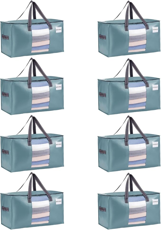 VENO Moving Bags, Wide Open Top, Clear Window, Light Blue, 8 Pack | Moving boxes Alternative, Heavy Duty, Storage Bags, Clothes and Comforter Storage, Packing Supplies, College Dorm Essentials