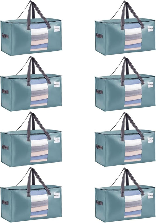 VENO Moving Bags, Wide Open Top, Clear Window, Light Blue, 8 Pack | Moving boxes Alternative, Heavy Duty, Storage Bags, Clothes and Comforter Storage, Packing Supplies, College Dorm Essentials
