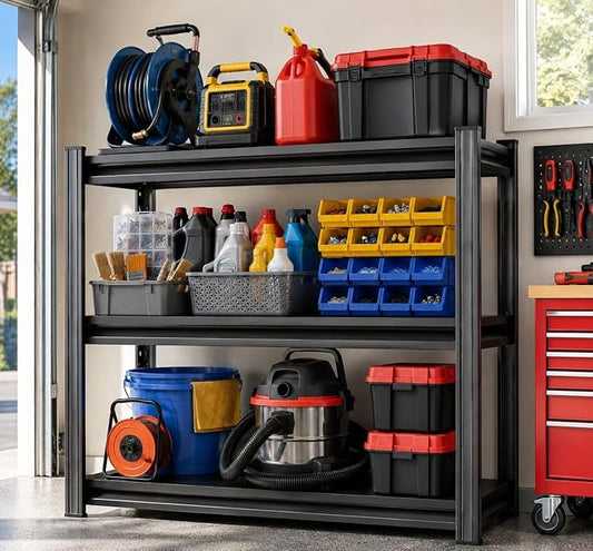 Garage Shelving, Heavy Duty Storage Shelves, Adjustable Boltless Units | Metal Shelving with Double Layer Posts, Industrial Steel Shelving for Garage Basement Warehouse Kitchen, Black, 31H*31W*14D