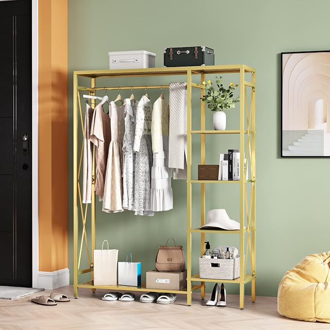 TIEOU Modern Gold Clothes Racks Free-Standing, Gold Clothing Rack with Shelves for Boutiques, Heavy Duty Garment Rack for Hanging Clothes, Large Wardrobe Closet