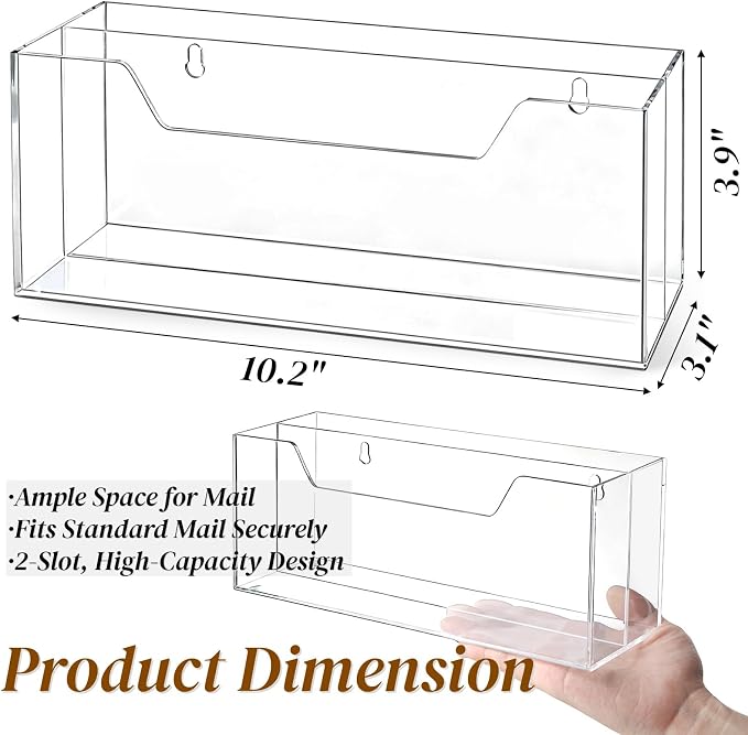 Noamus 2 Pack Acrylic Mail Organizer for #10 Envelopes, 2 Slot Wall-Mounted Letter Holder, Clear Hanging File Rack, Countertop File Sorters Box for Desk Bill Filling, Home Office School Workspace