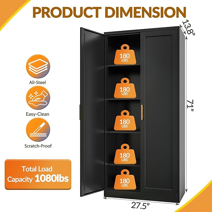 BESFUR Kitchen Pantry Cabinet,71” Metal Tall Pantry Storage Cabinet with Doors and 4 Adjustable Shelves,Kitchen Storage Cabinets Black Freestanding Food Cabinet for Pantries, Kitchen