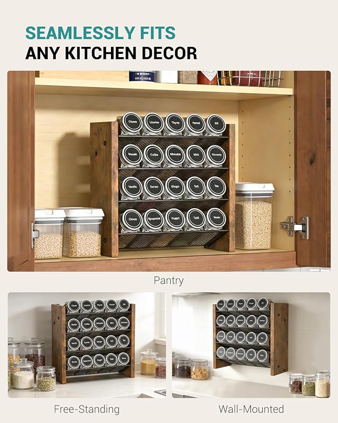 NESAPTO Spice Rack Organizer for Cabinet, Wood 4-Tier Vertical Seasoning Organizer, Wall Mount or Countertop Spice Shelf, Holds 20 Jars (No Jars Included), 10.3" W x 10.3" H