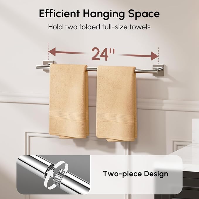 Polished Chrome Towel Bar, 24 Inch Towel Racks for Bathroom | Thicken 304 Stainless Steel Towel Holder with Square Base, Towel Rod Wall Mounted, Modern Home Decor (Total Length 26 Inch)